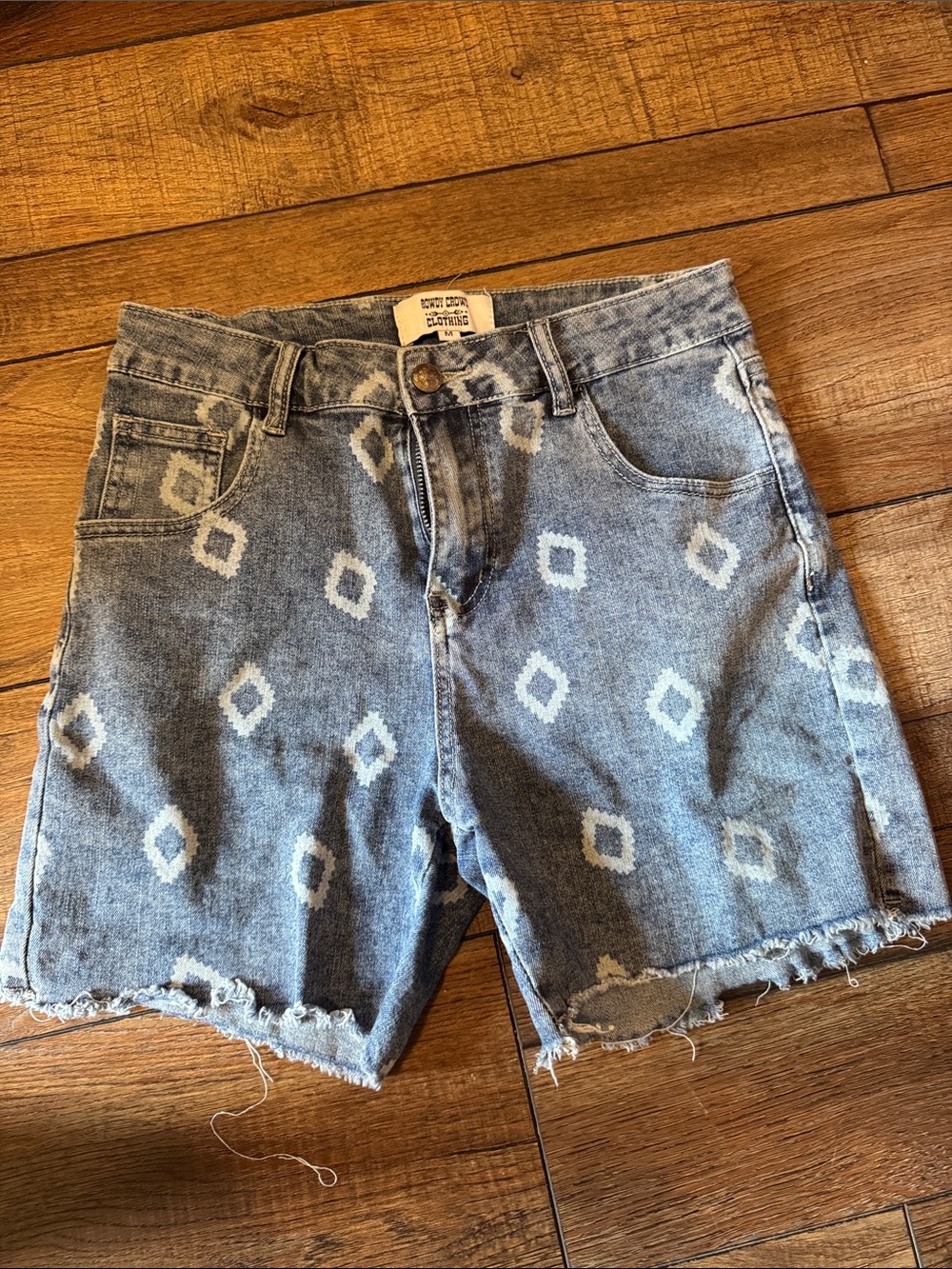 Rowdy Crowd Denim High-Rise Diamond Print Cutoff Shorts - Light Blue